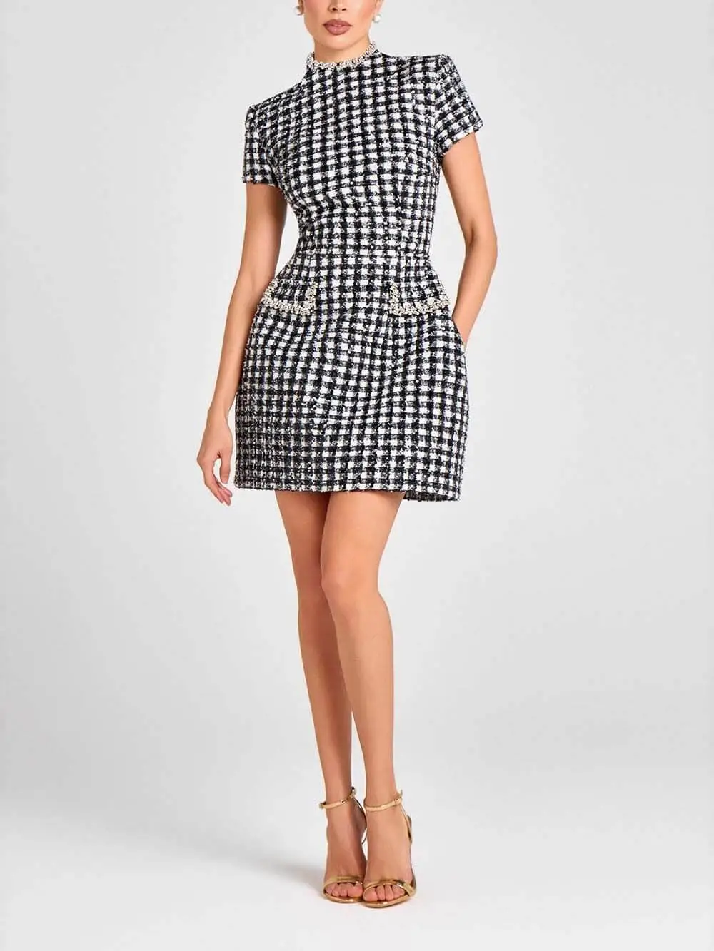 Sequin Beaded Plaid Tweed Elegant Mini Dress