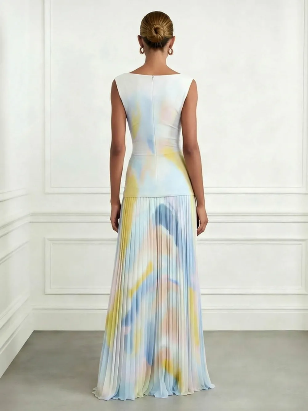 Watercolor Print Pleated Maxi Dress