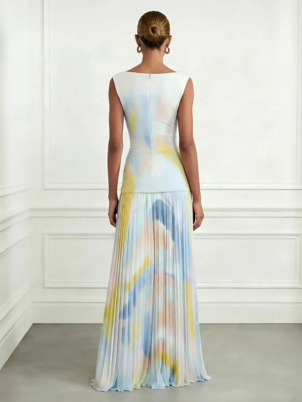 Watercolor Print Pleated Maxi Dress