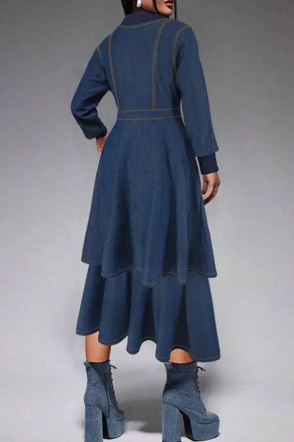 Contrast-Stitch Denim V-Neck Tiered Midi Dress