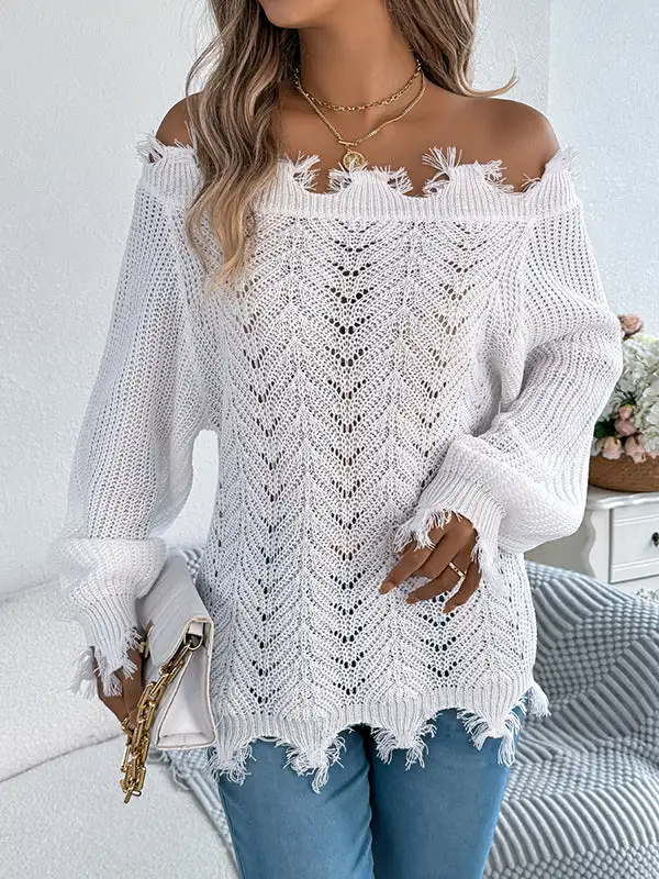 Ribbed Openwork Sheer Detail Off Shoulder Long Sleeve Sweater