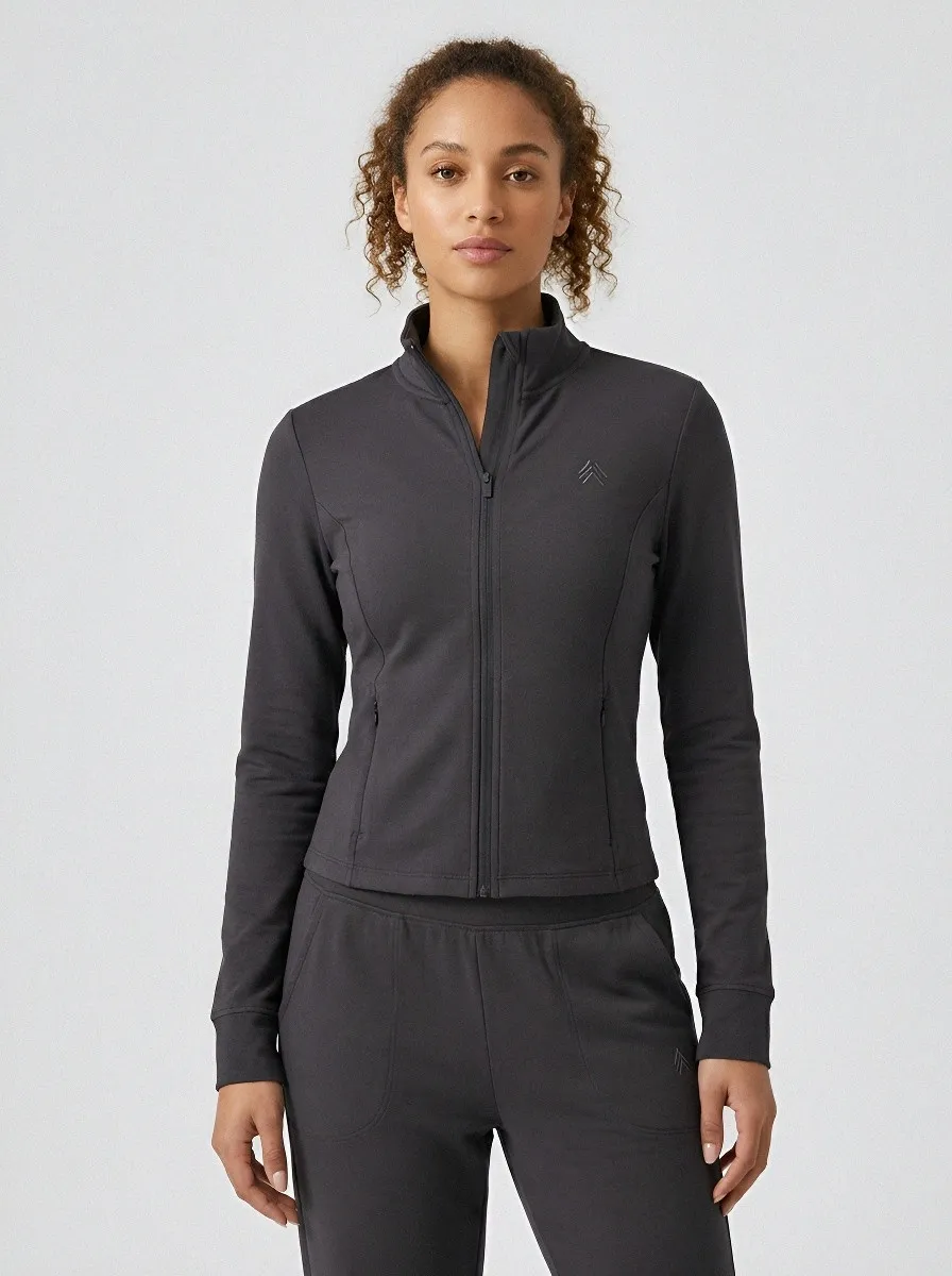 Women's Sage Green Tonal Embroidery Zip-Up Jacket & Jogger Set