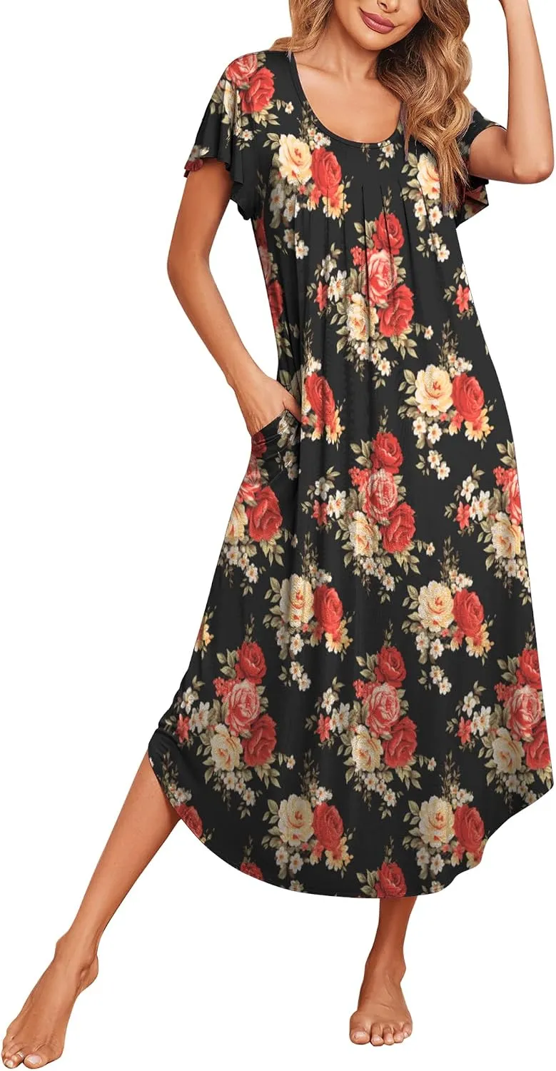 Ekouaer Long Nightgowns for Women with Pockets Short Sleeves House Dresses