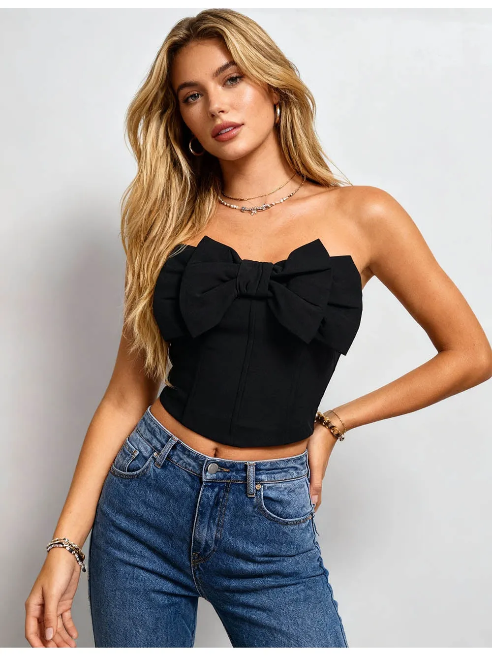 Bow Neck Corset Solid Color Crop Tube Top