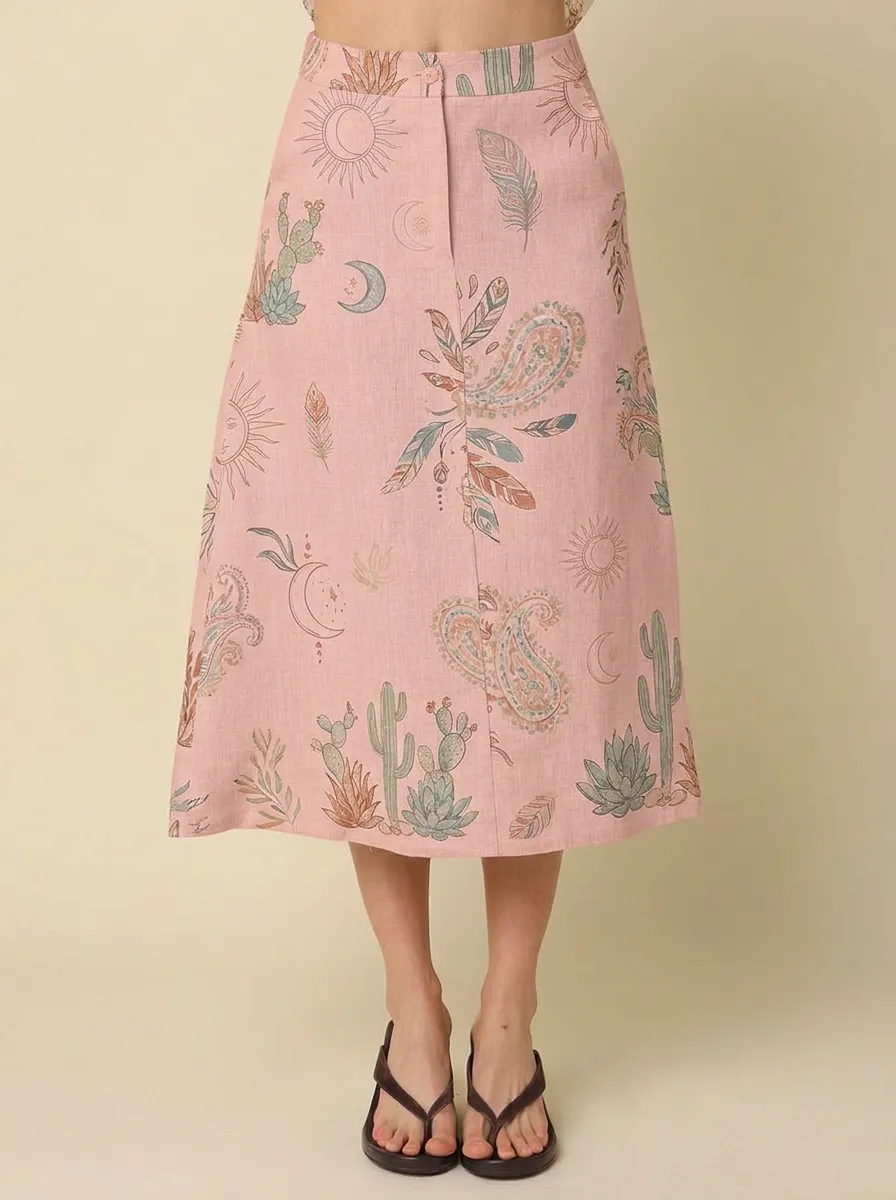 Women's Boho Celestial Cactus Paisley Boho Graphic Midi Skirt