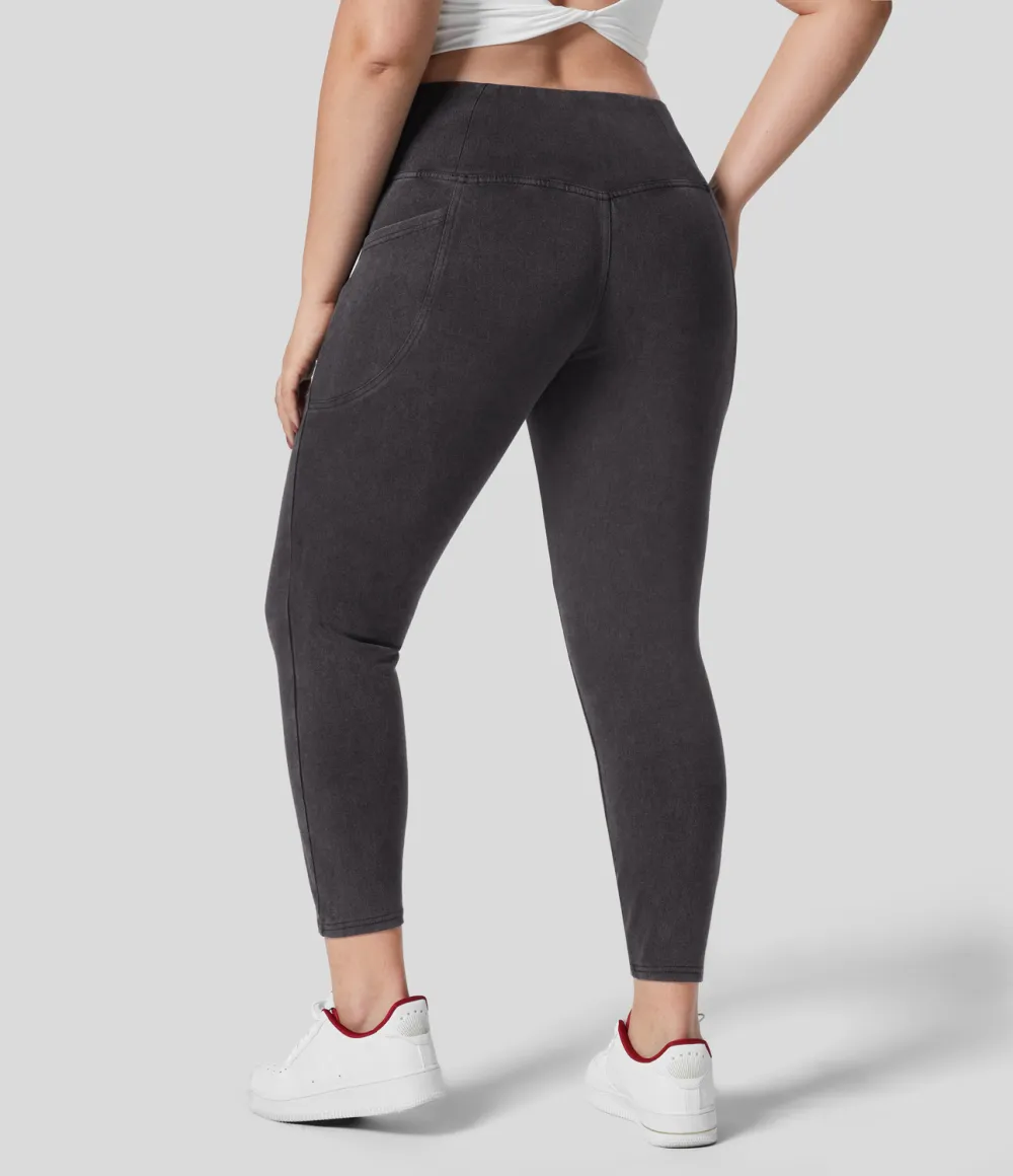 Magic Crossover Side Pocket Washed Stretchy Knit Denim Work Plus Size Leggings
