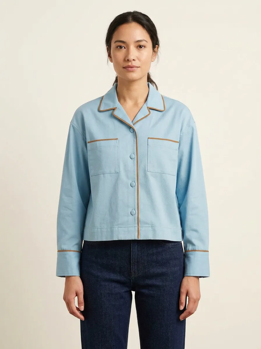 Women's Camp-Collar Contrast-Piped Dual-Pocket Boxy Shirt