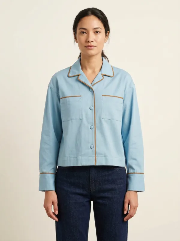 Women's Camp-Collar Contrast-Piped Dual-Pocket Boxy Shirt