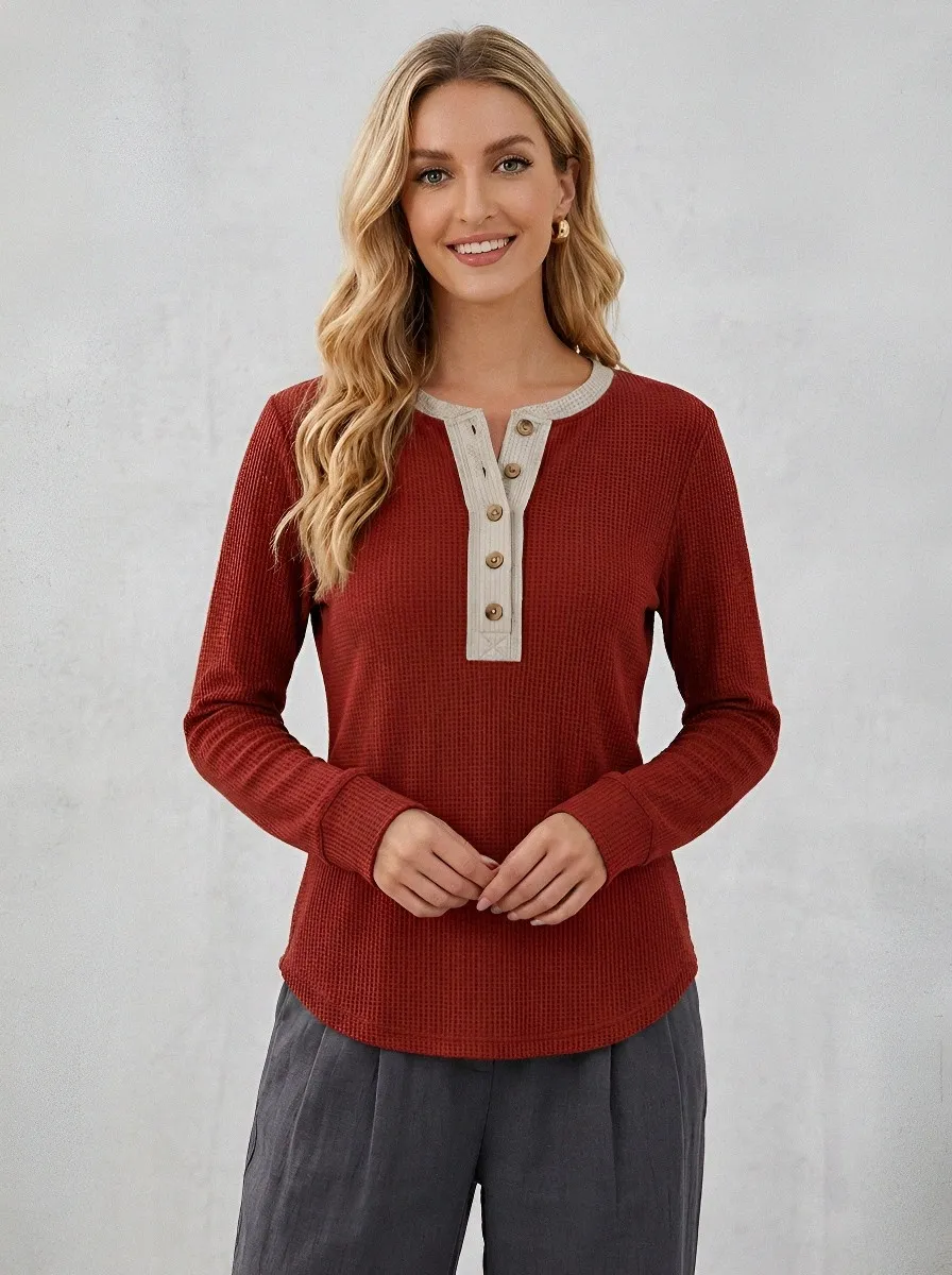 Women's Casual Olive Waffle Knit Button Placket Henley Shirt