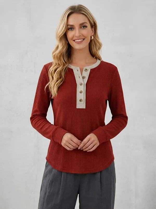 Women's Casual Olive Waffle Knit Button Placket Henley Shirt