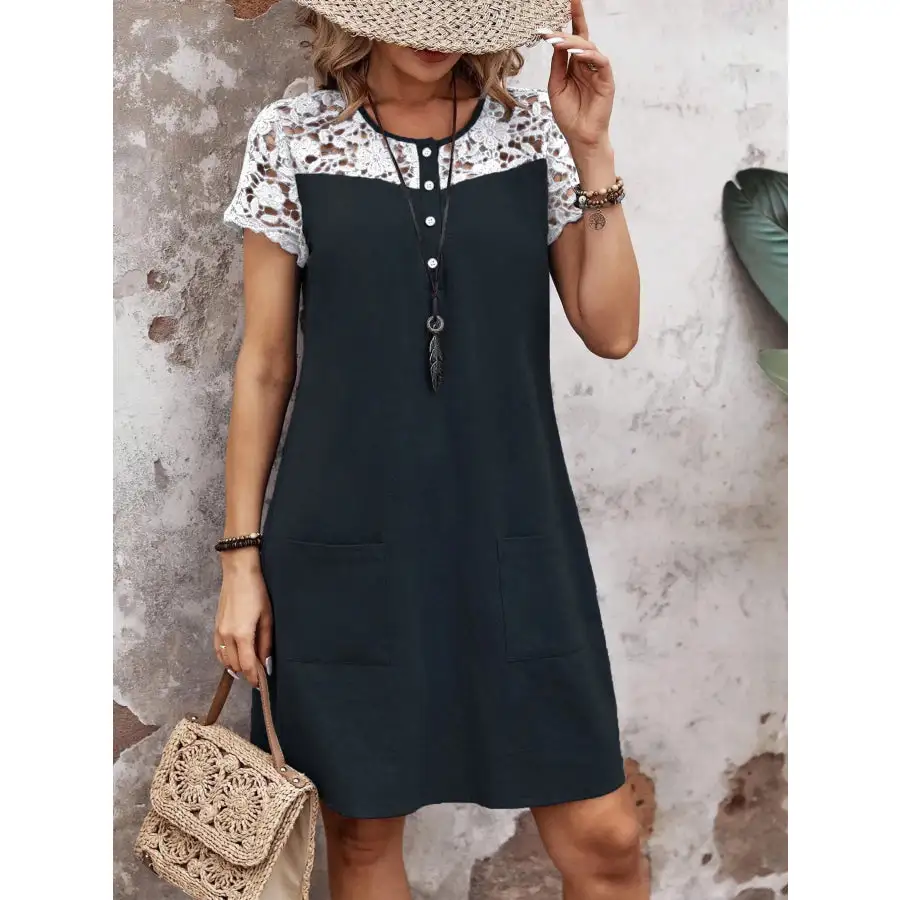 Lace Button Detail Round Neck Mini Dress