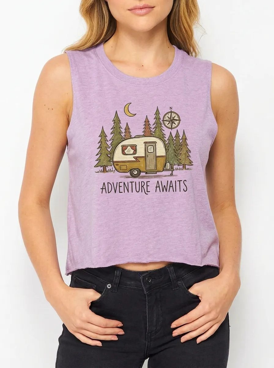 Women's Camping Adventure Awaits Camper Forest Graphic Tank Top