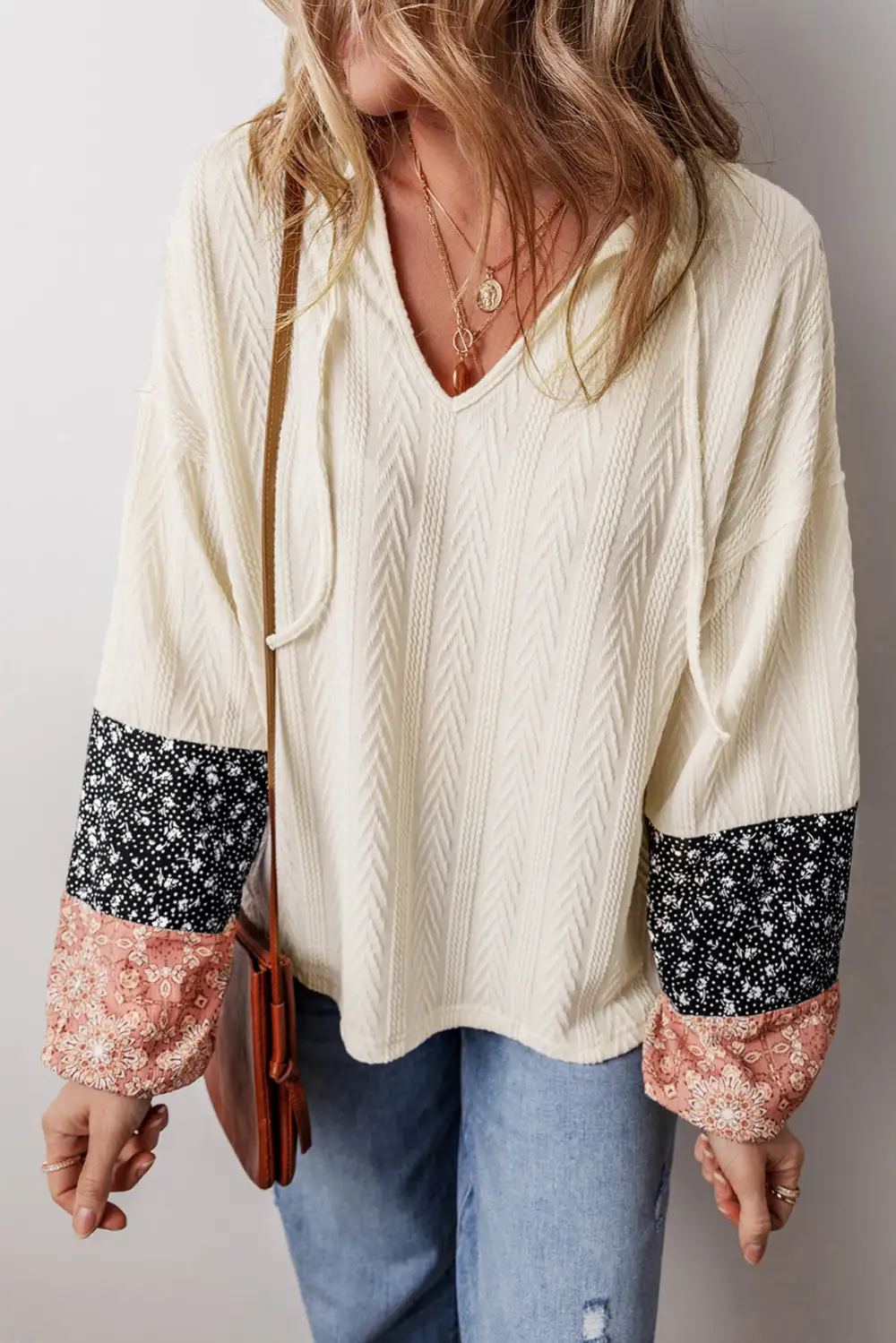 Women's Floral Print Patchwork Textured Top