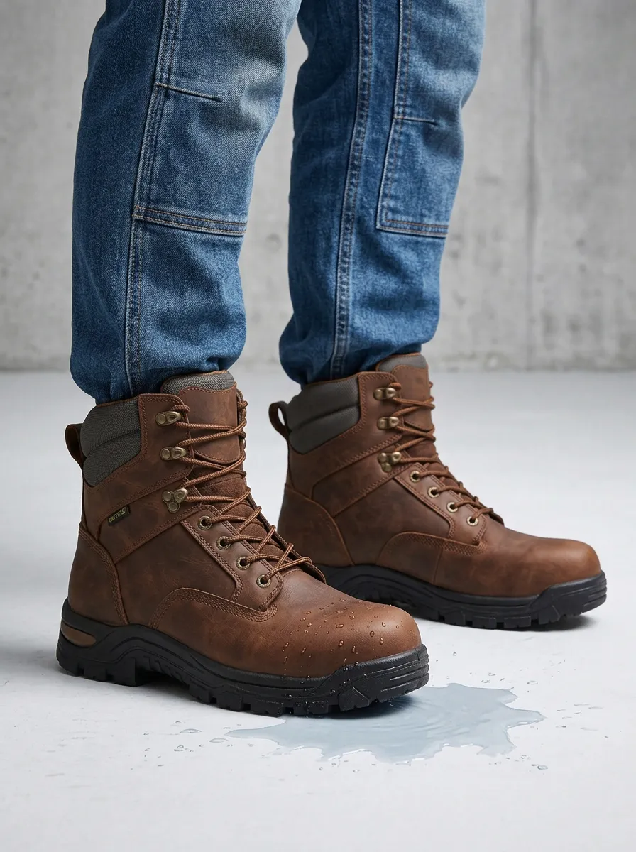 Unisex Outdoor Construction Brown Leather Waterproof Work Boots