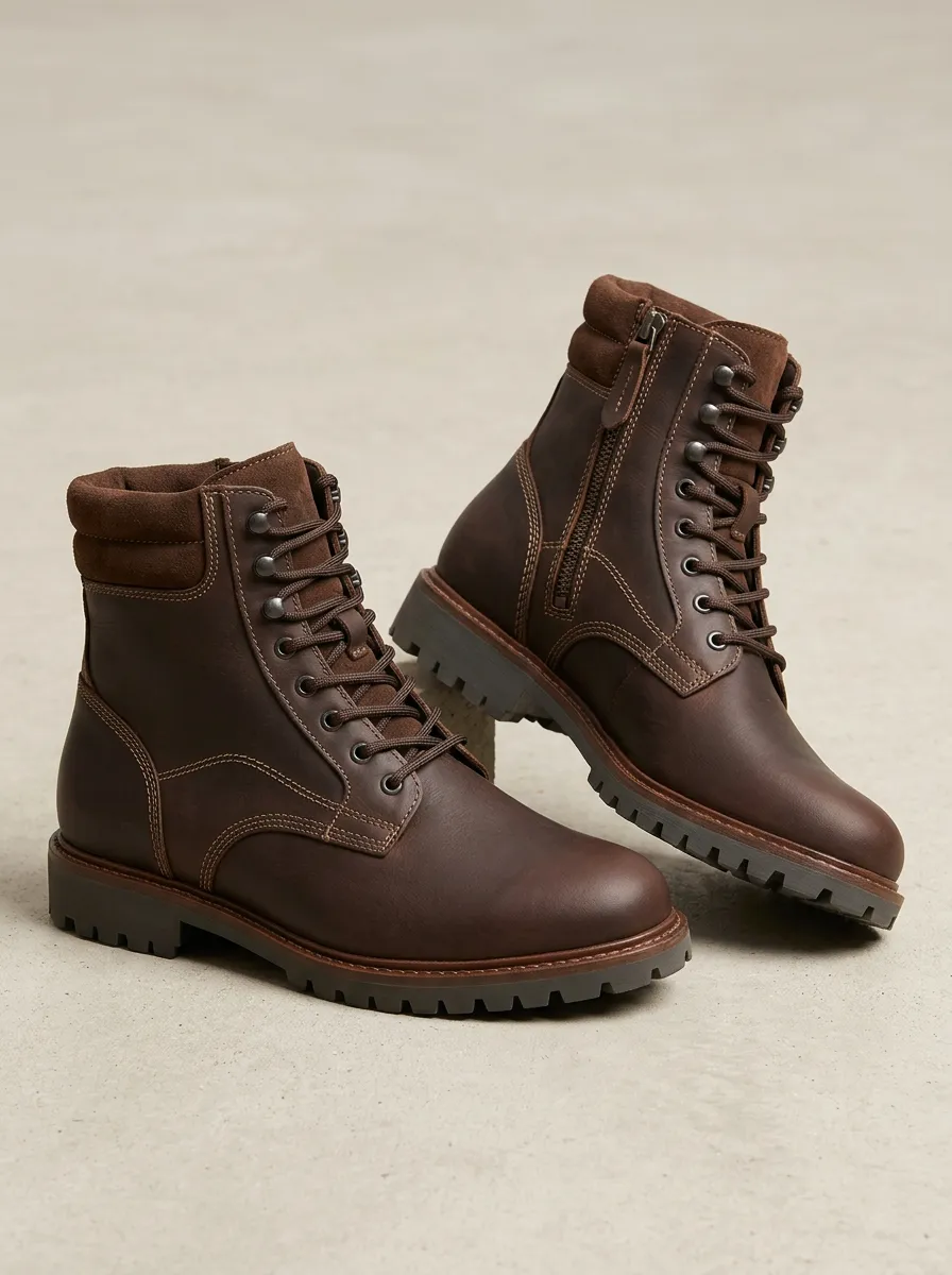 Unisex Leather Lace-Up Side-Zip Work Boots