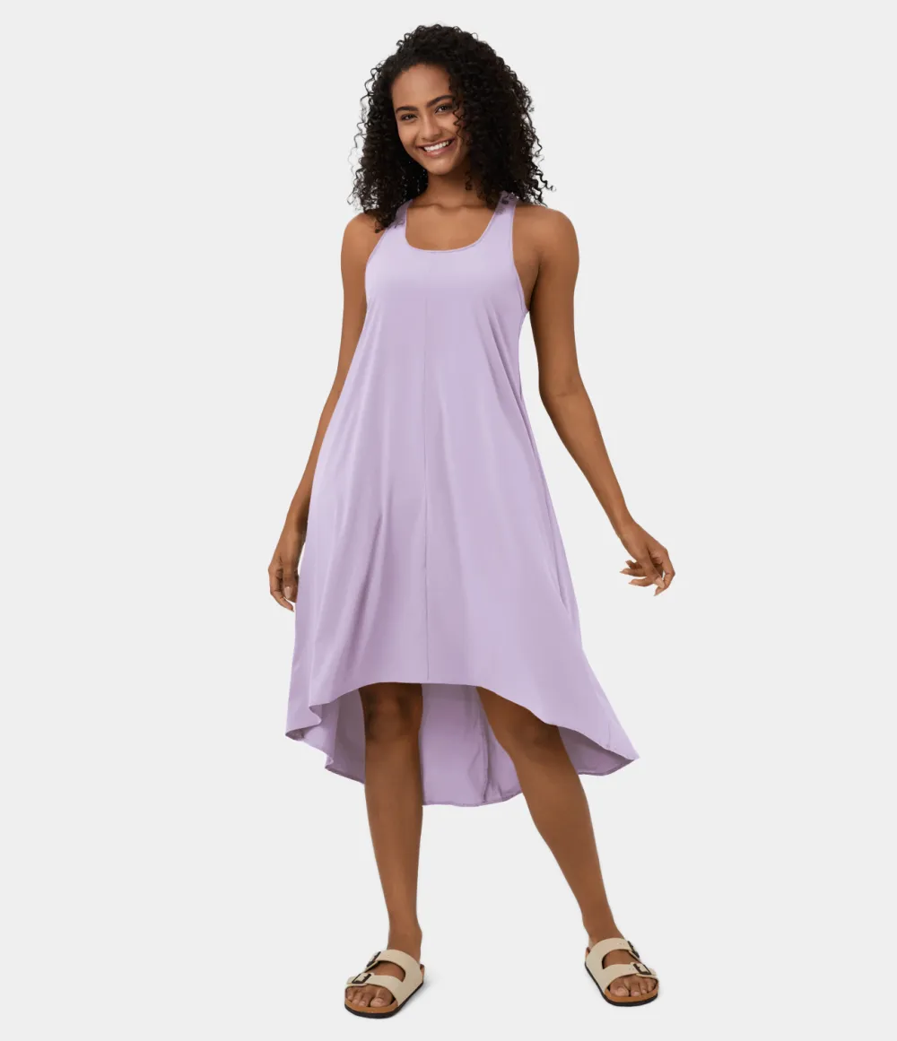Breezeful Backless Racerback Side Pocket High Low Flowy Midi Quick Dry Casual Dress