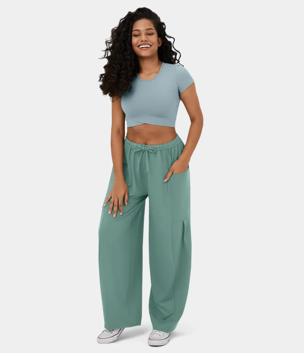 Mid Rise Elastic Waistband Drawstring Side Pocket Palazzo Flowy Wide Leg Casual Pants