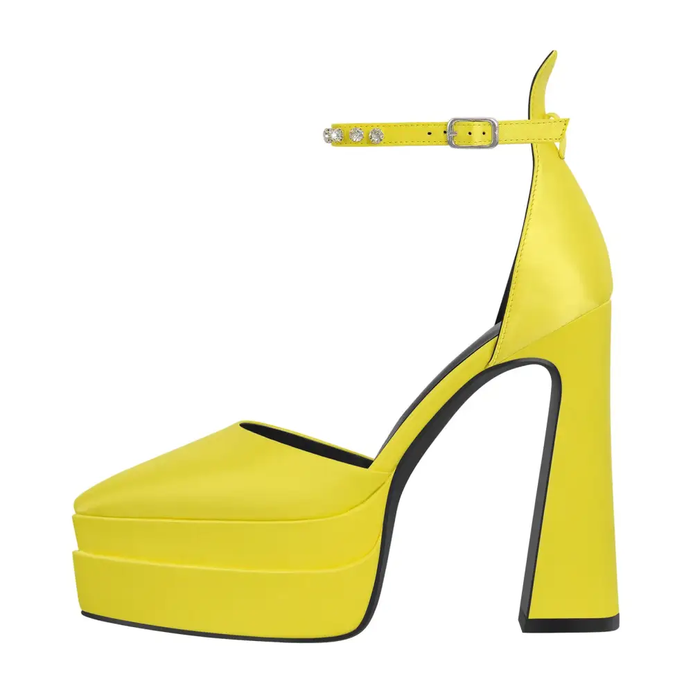 Satin Finish Rhinestone Pointed Toe Double Platform Chunky Heel Pumps