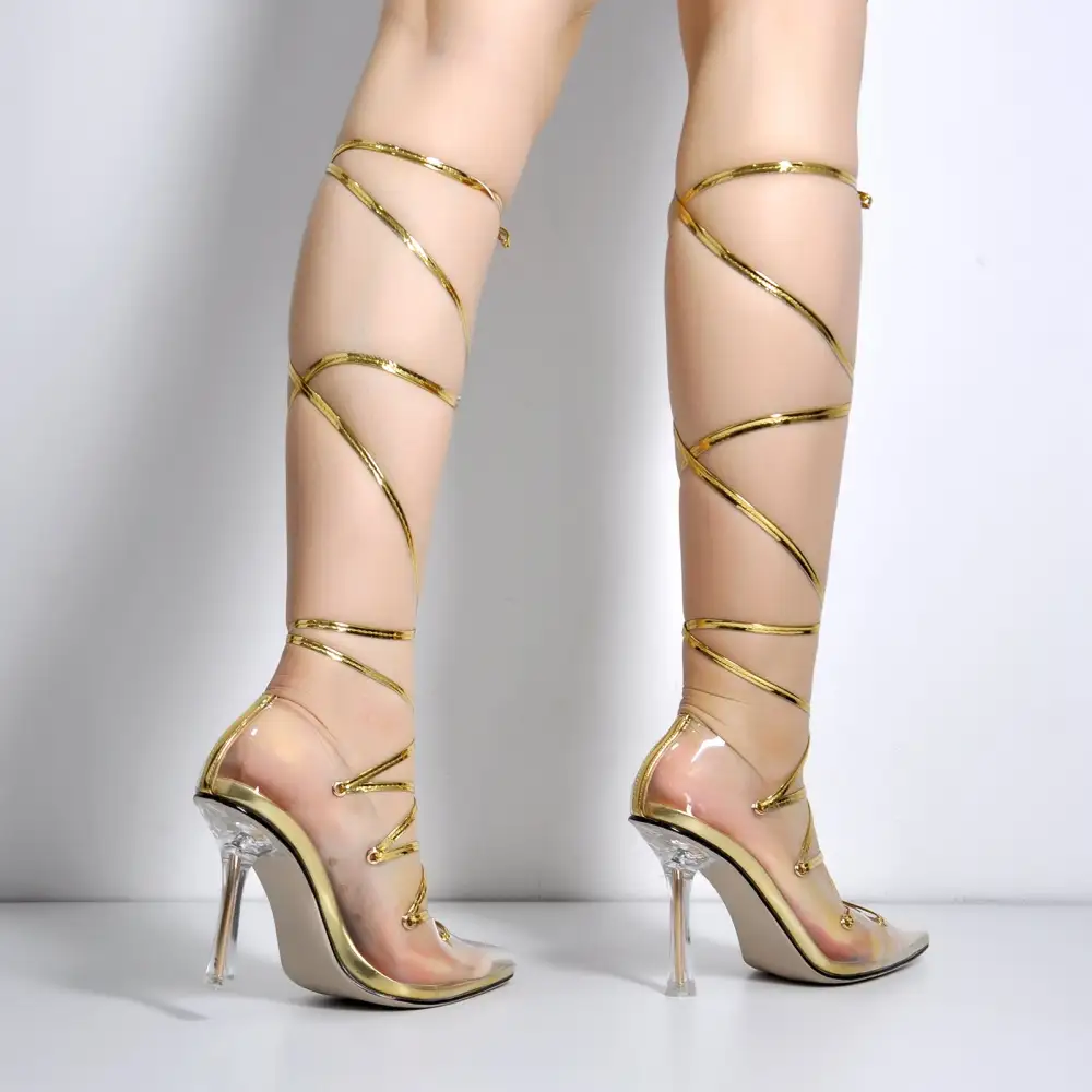 Lace Detail Pointed Toe Transparent Heel Lace Up Pumps
