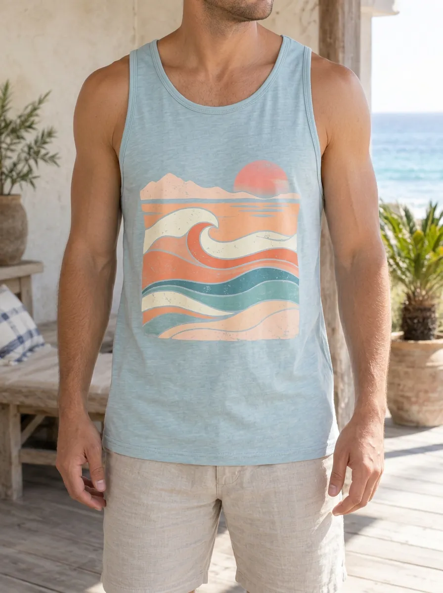 Men's Beach Retro Sunset Ocean Wave Tank Top