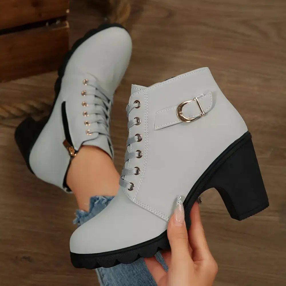 Textured Lace-Up Block Heel Boots