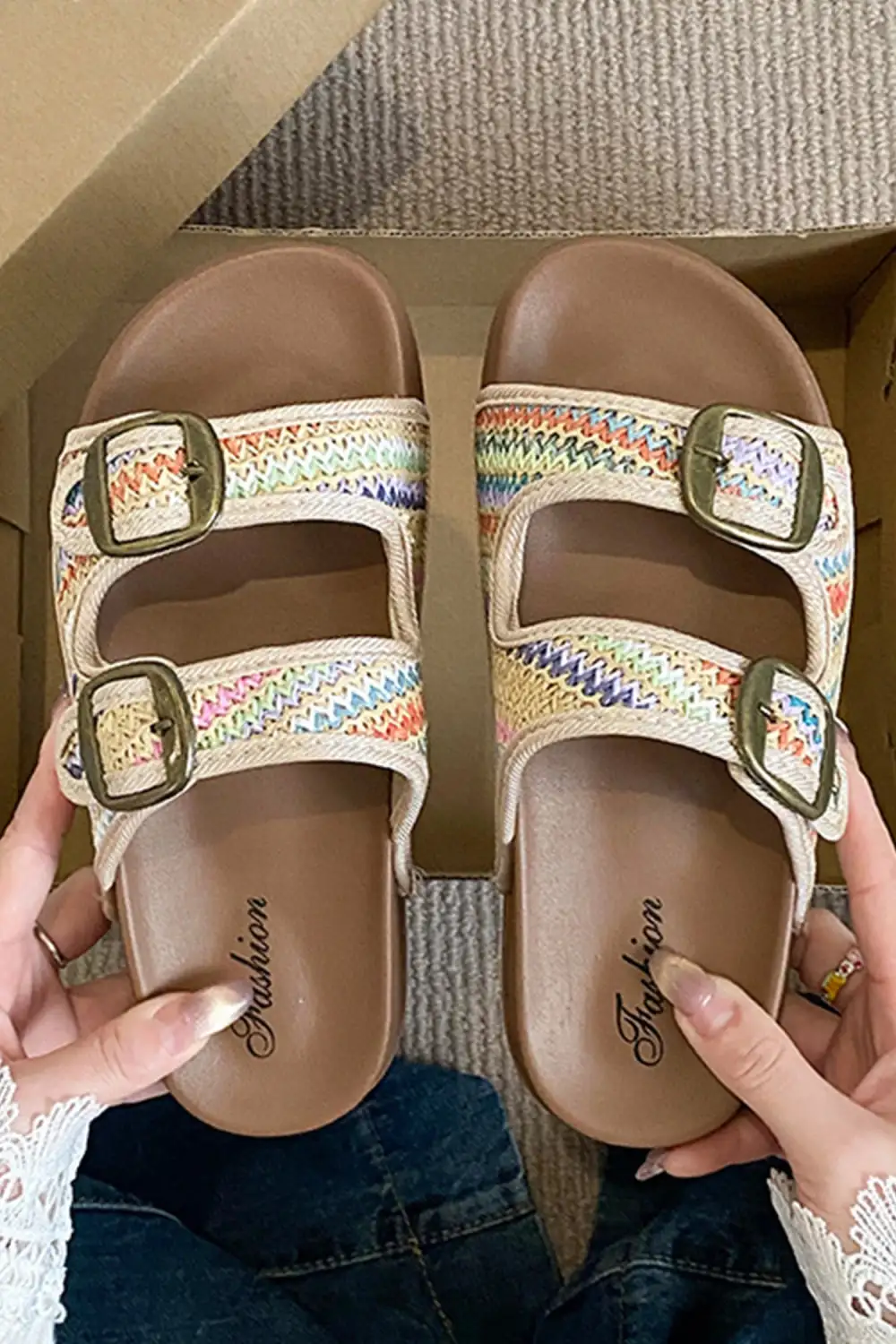 Boho Woven Buckle Cutout Flat Sandals