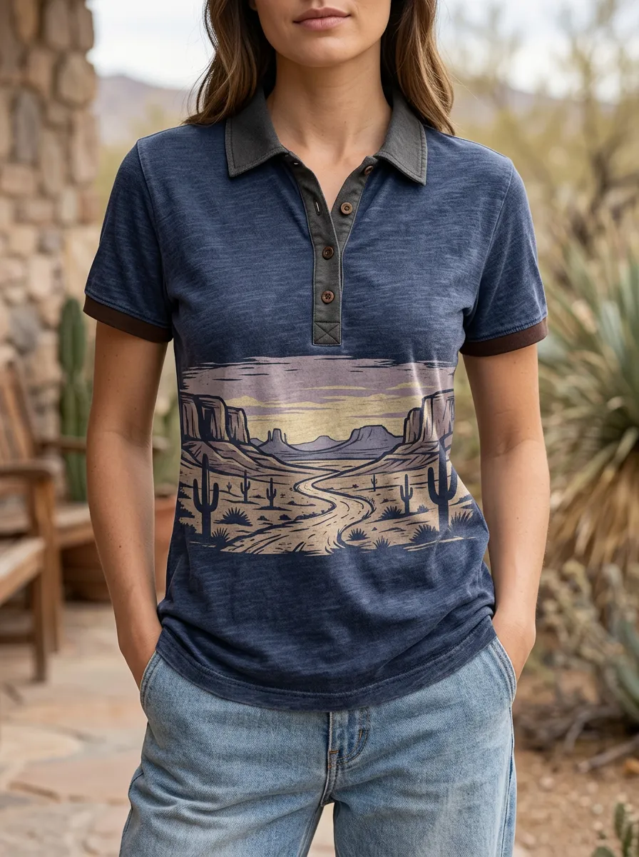 Women's Modern Desert Landscape Cactus Polo Shirt