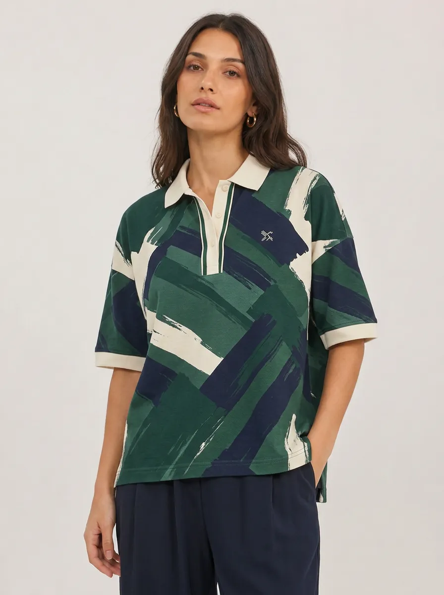 Women's Abstract Brushstroke Printed Polo Shirt