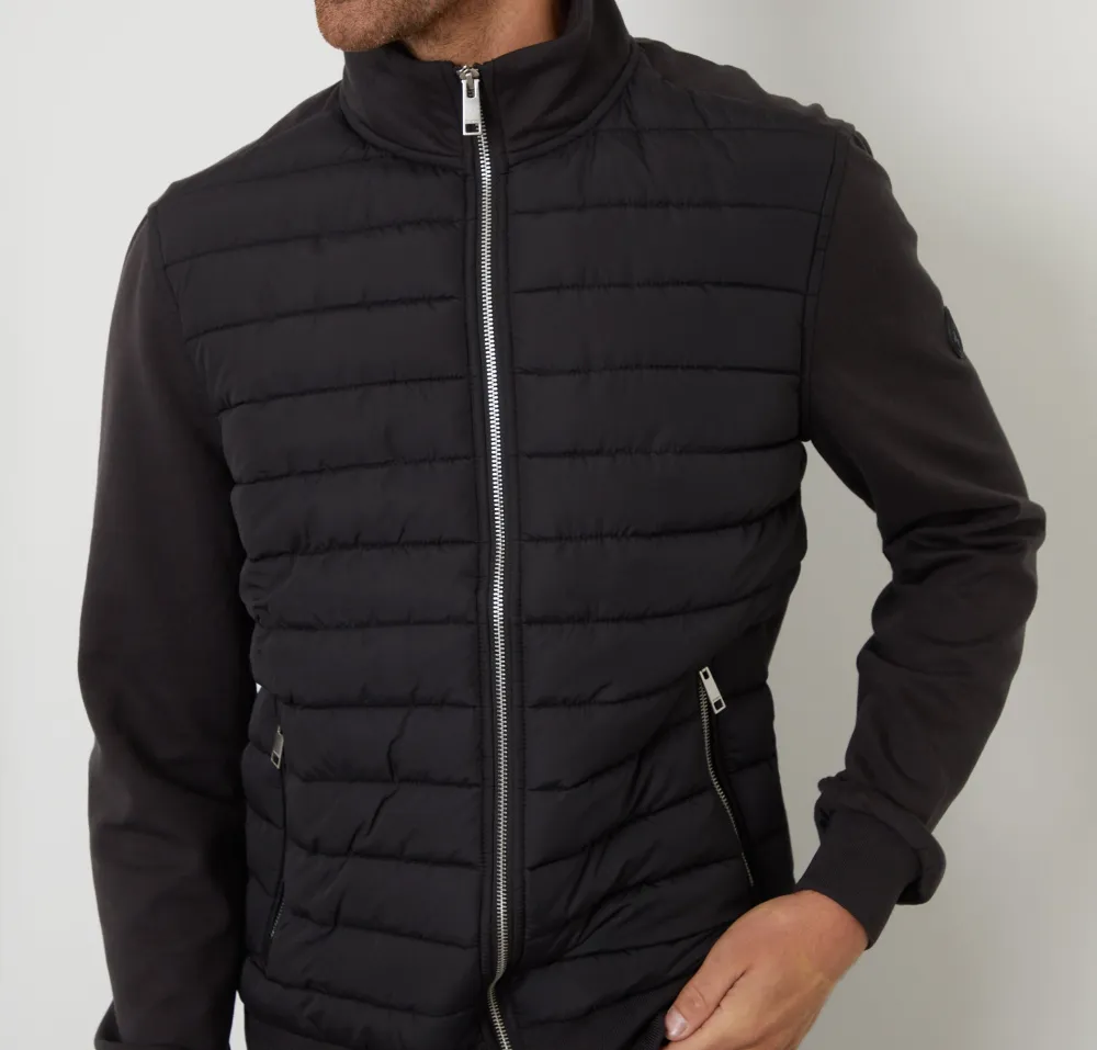 Men's Black Quilted Hybrid Funnel-Neck Jacket