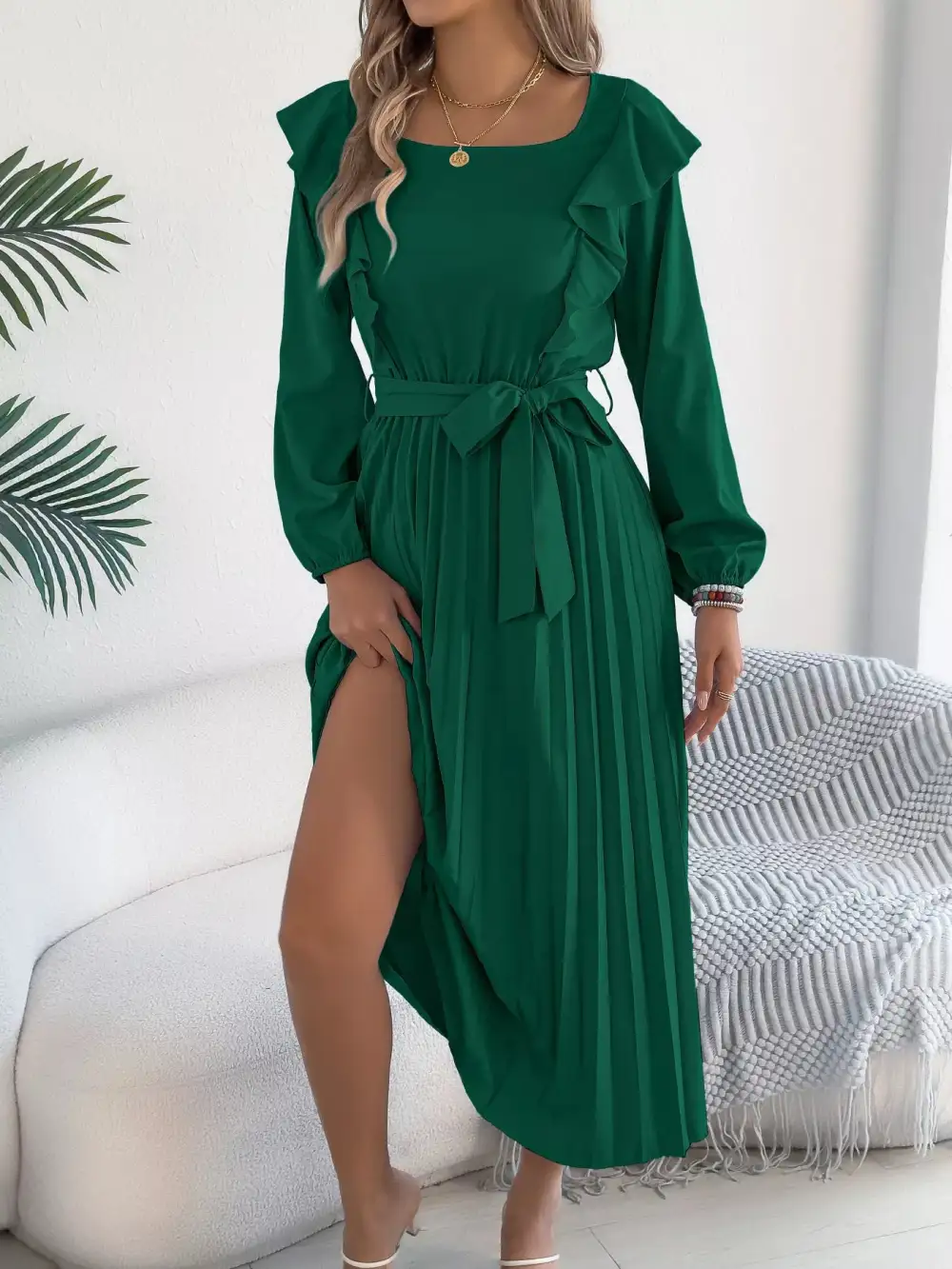 Ruffle Pleated Midi Dress