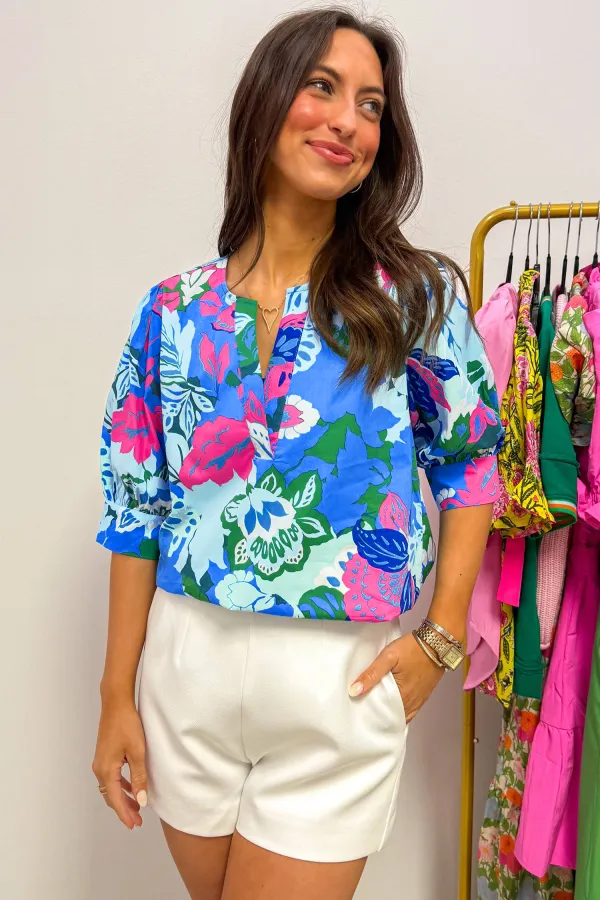 Sky Blue Floral Print V Neck Blouse