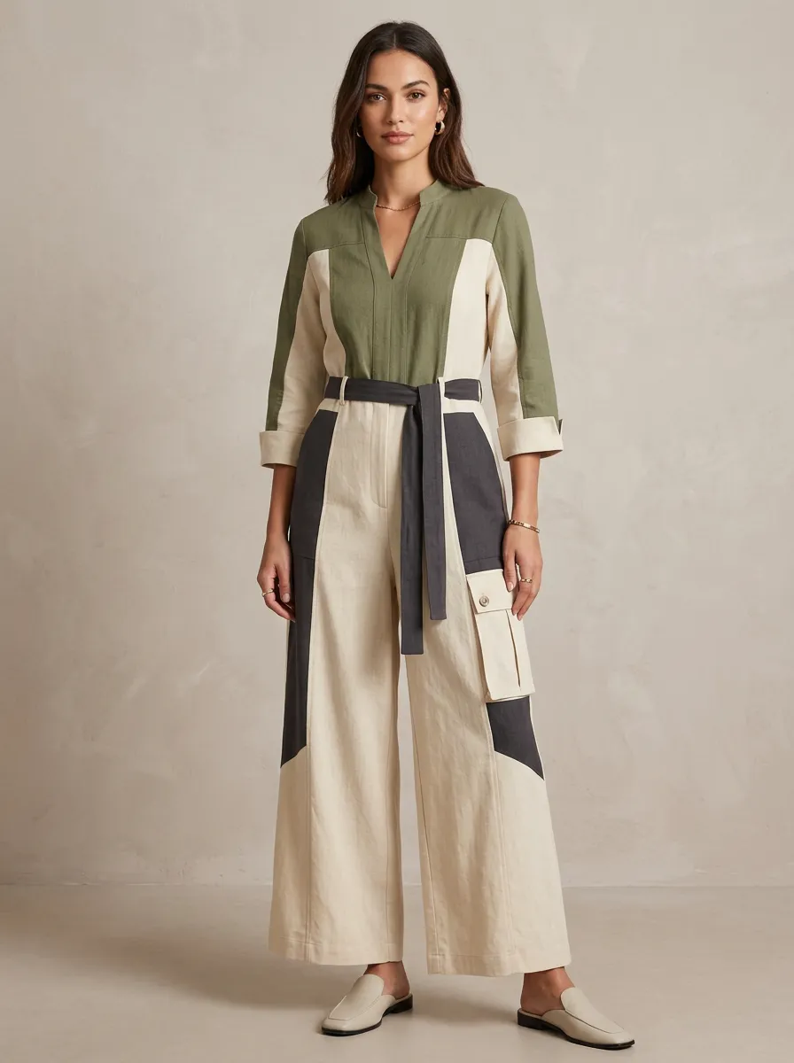 Women's Casual Fashion Color-Block Cargo Belted Jumpsuit