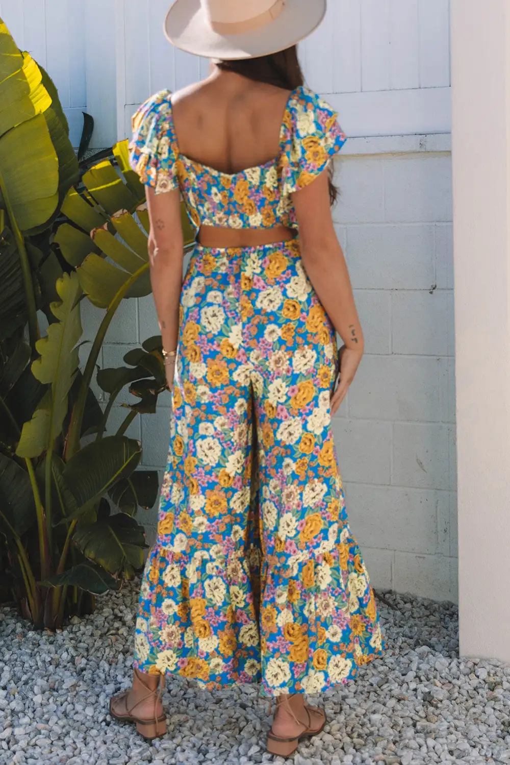 Floral Allover Print Shirred Panel Detail Jumpsuit