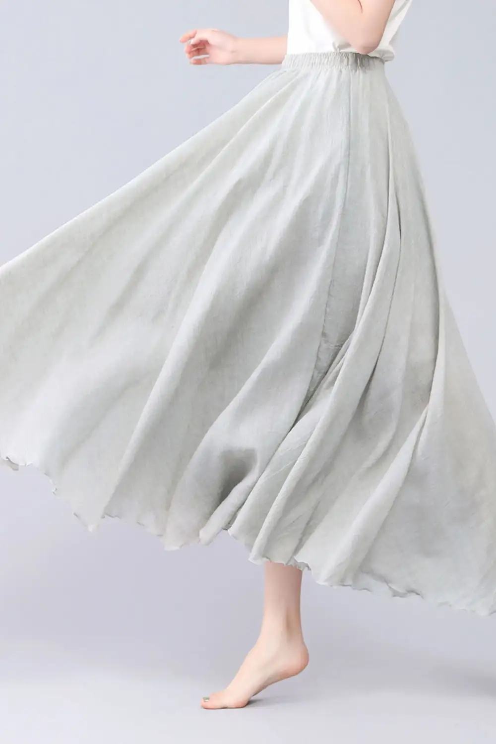 Checkered Linen Cotton Pleated Circle Elastic Waist Skirt