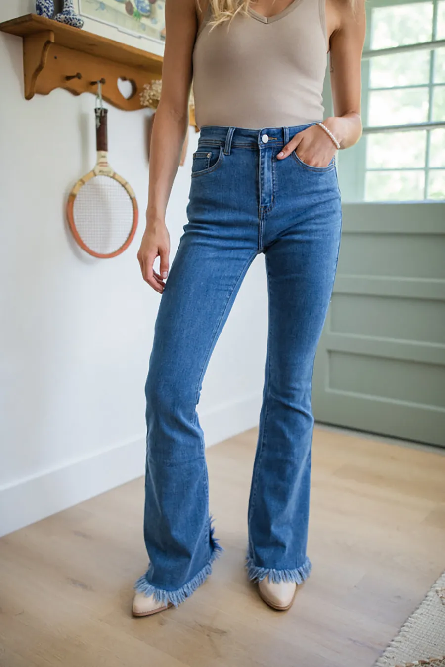 Elegant High Medium Wash Stretchy Flare Jeans