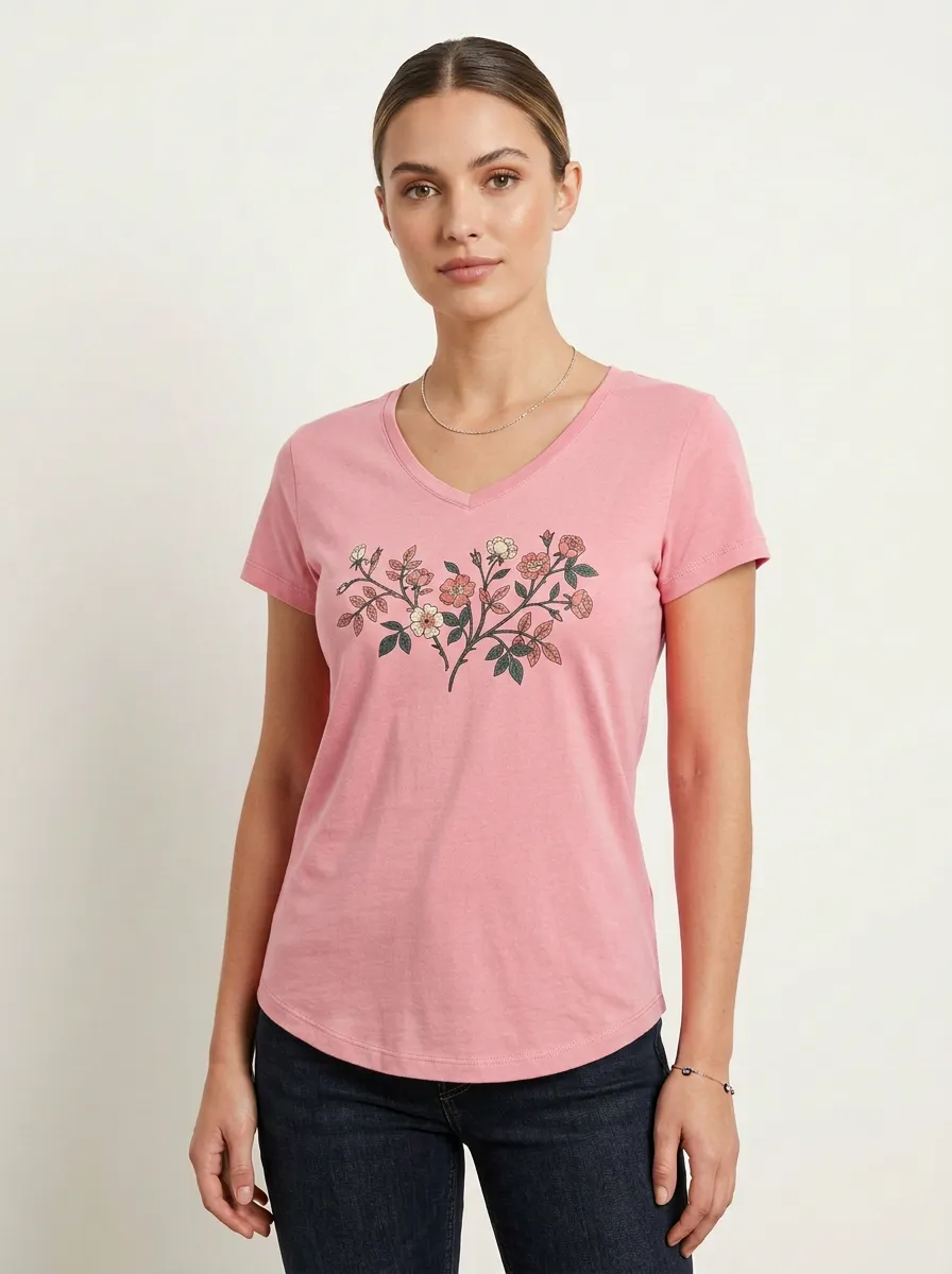 Women's Rose Branch Graphic V-Neck T-Shirt