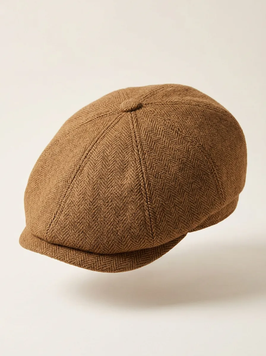 Unisex Vintage Style Brown Herringbone Flat Cap