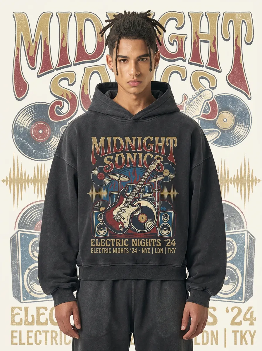 Men‘s Midnight Sonics Guitar Drum Printed Hoodie