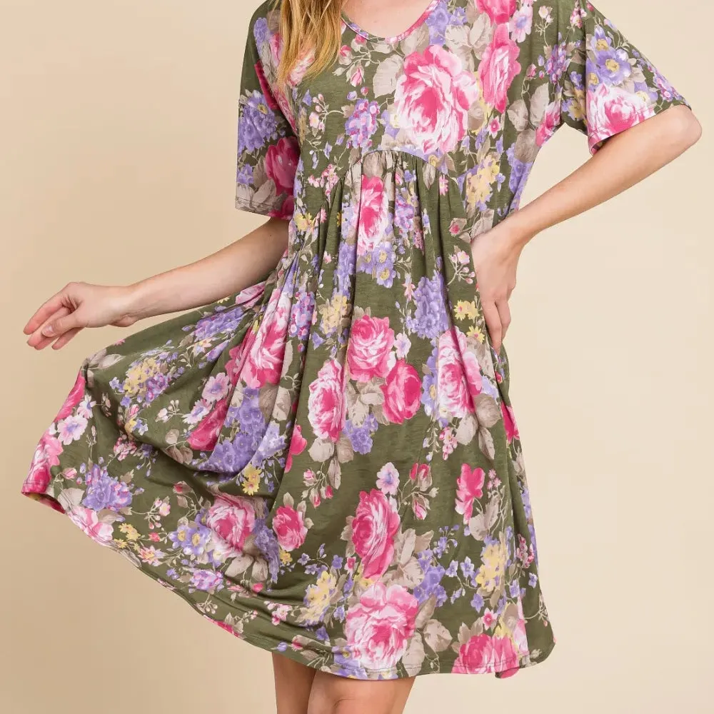 Flower Print V-Neck Ruched Dress