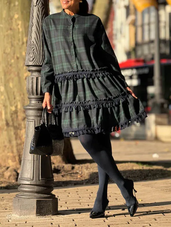 Casual Plaid Print Small Fringe Mini Dress