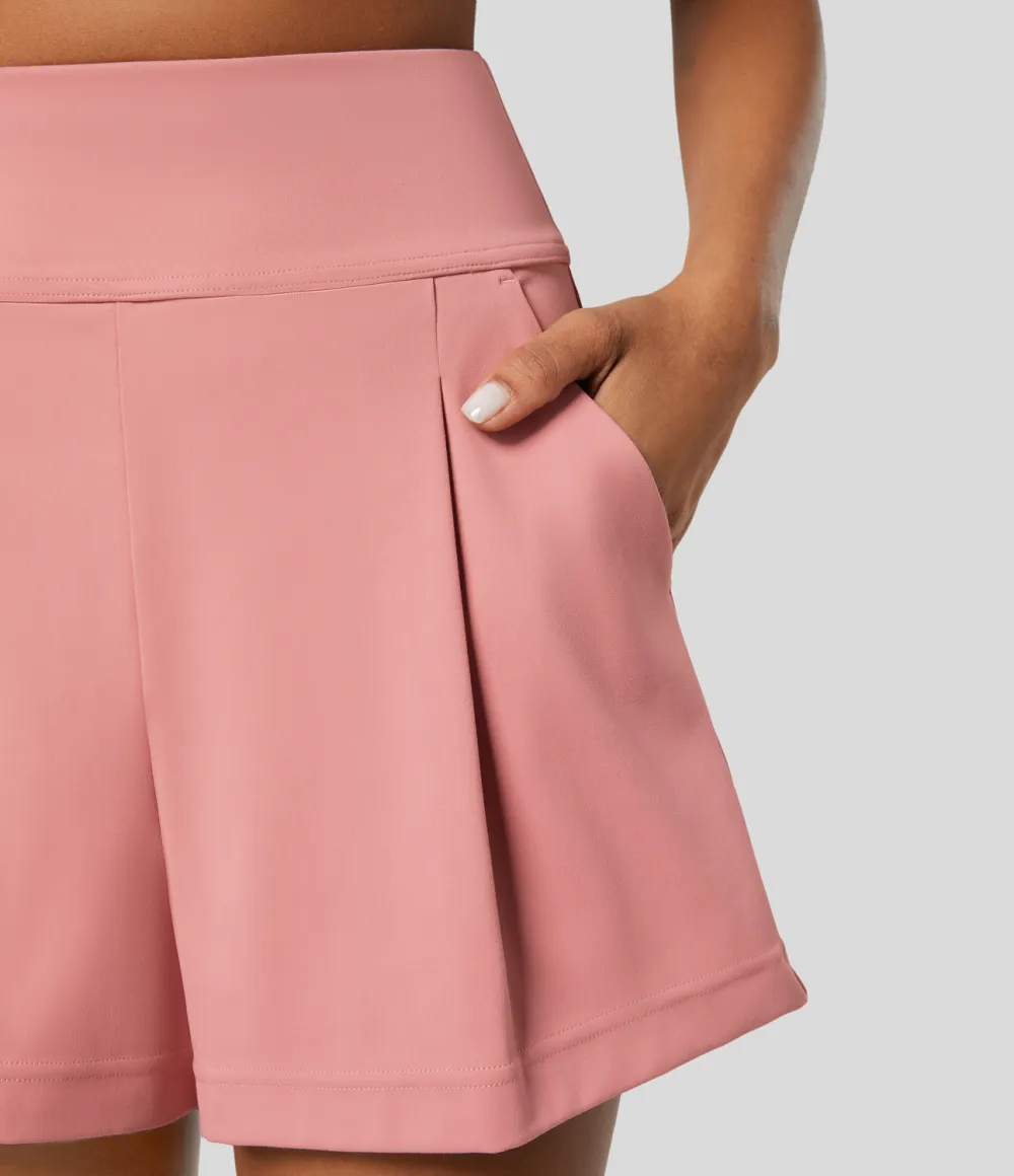 High Waisted Plicated Side Pocket Wide Leg Work Shorts