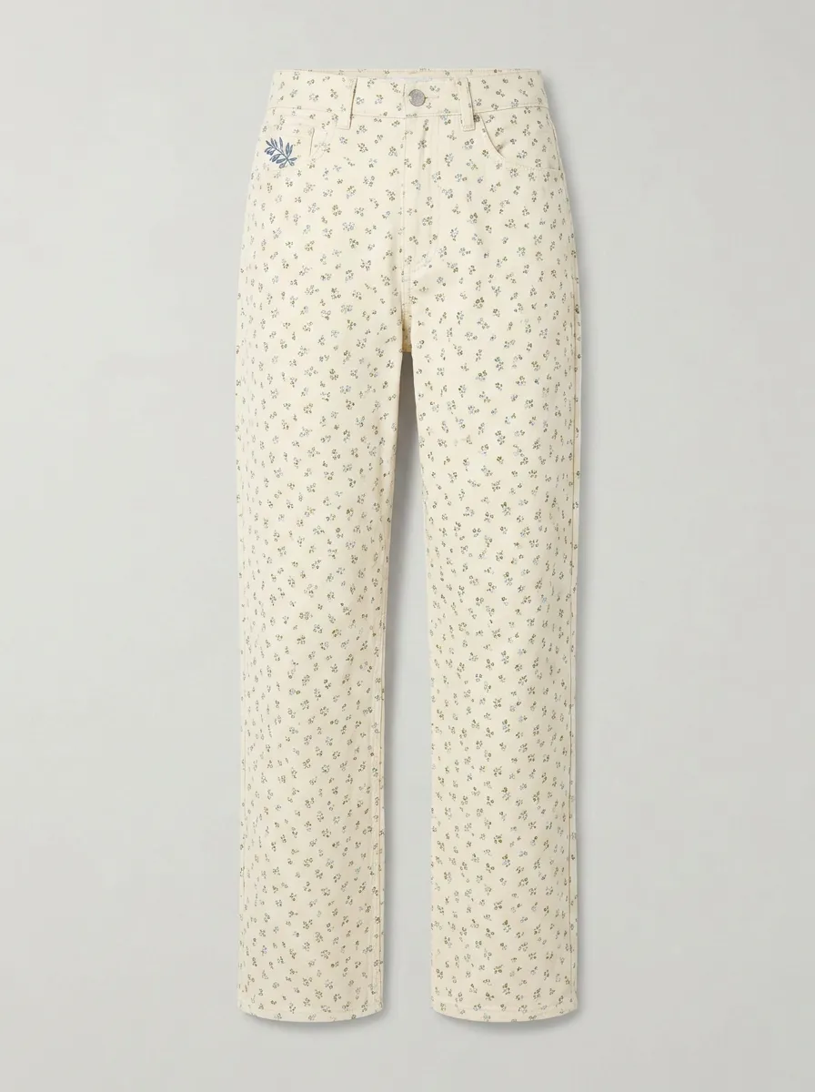 Women's Floral Pattern Cream Mid-Rise Straight Leg Pants