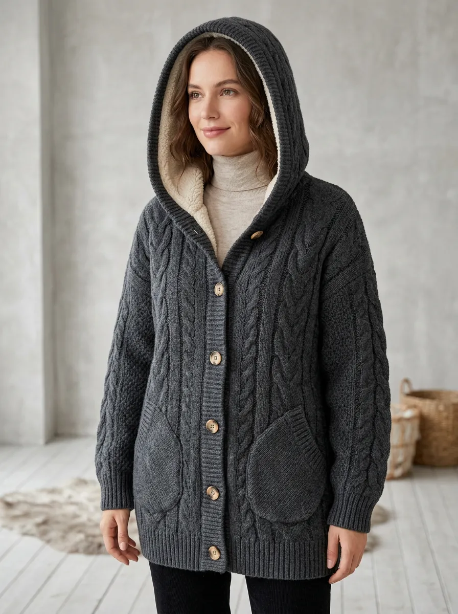 Winter Cable-Knit Fleece-Lined Hooded Cardigan