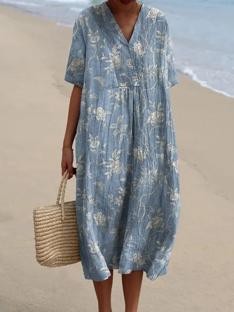  Casual Floral Print V Neck Midi Dress