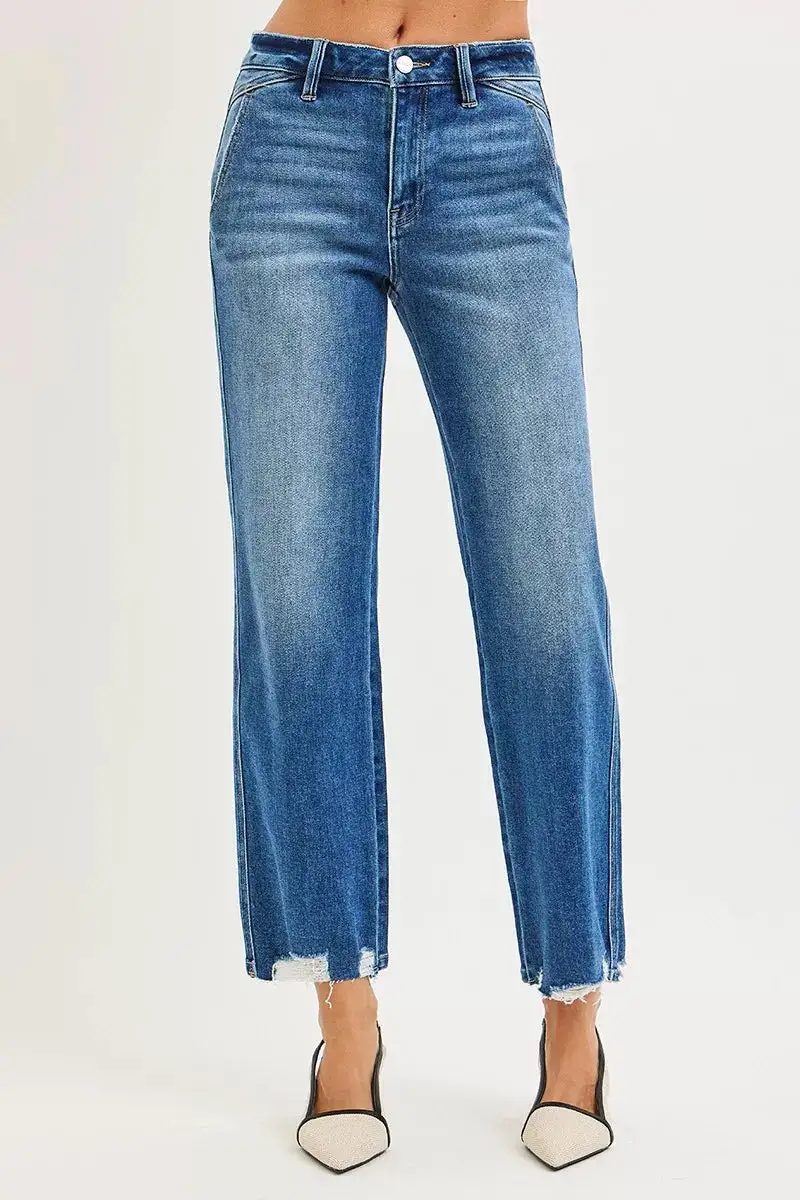 Sharp High Waist Straight Leg Distressed Denim Jeans