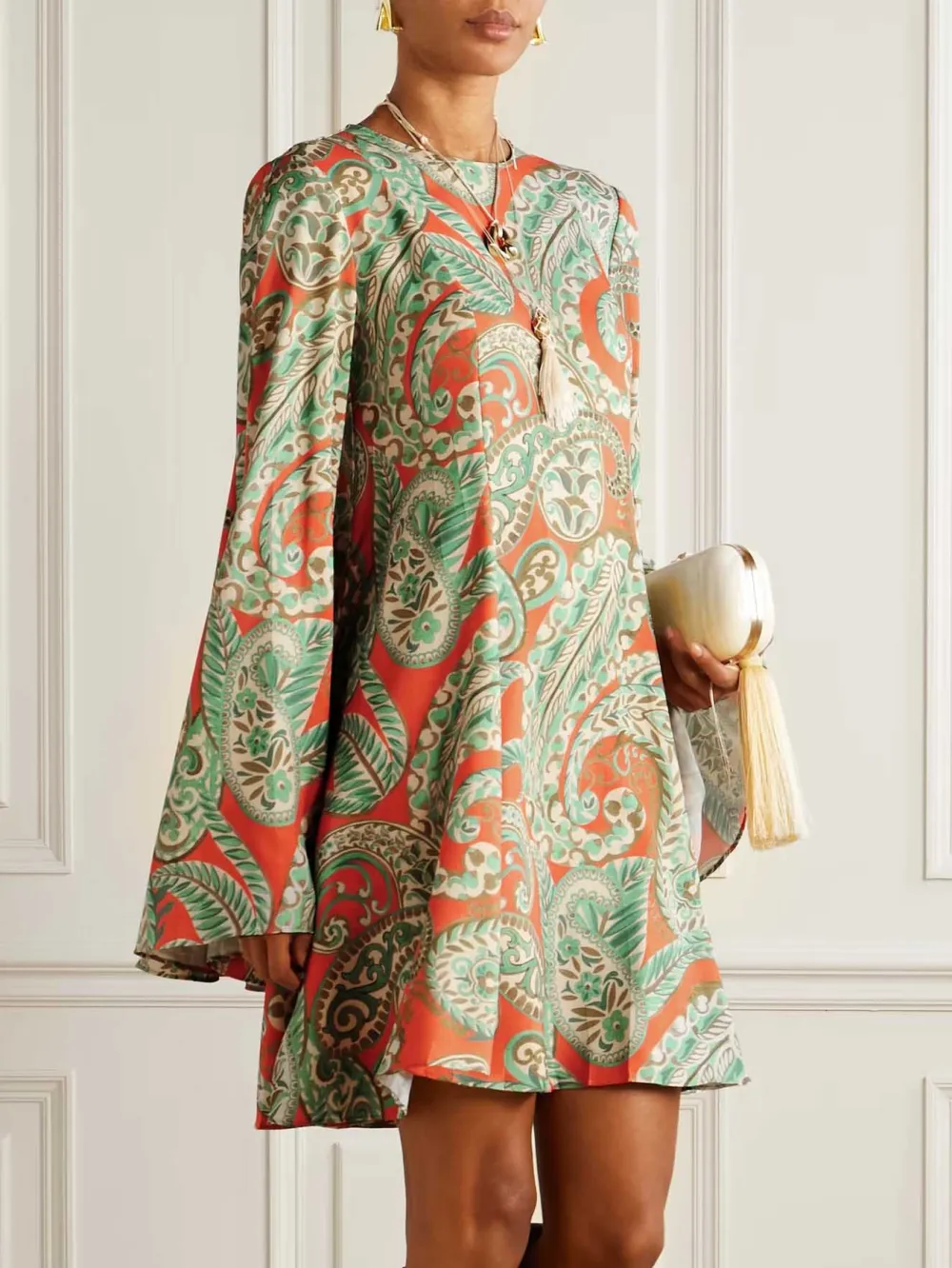 Retro Paisley Print Bell Sleeve Mini Dress