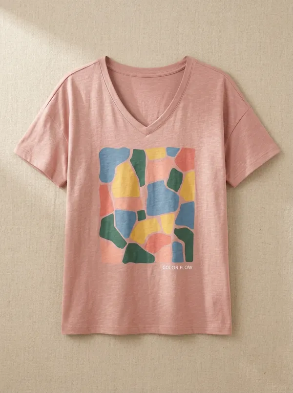 Women's Abstract Art Color Flow Mosaic Printed V-Neck T-Shirt