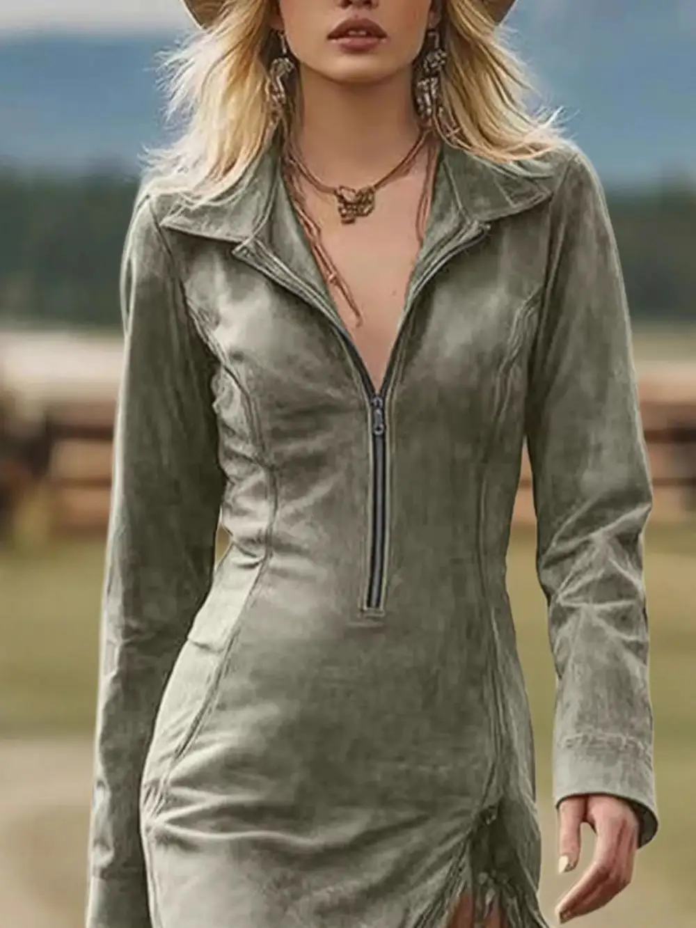 Gathered Detail Zip Front Dress