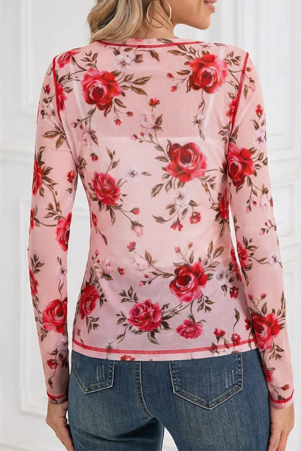 Classic Floral Print Mesh Stretch Fabric Long Sleeve Top