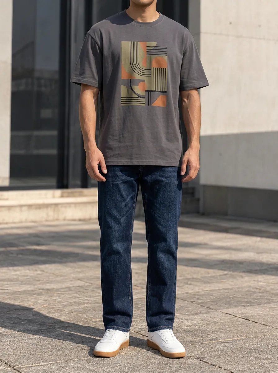 Men's Modern Abstract Geometric Printed T-Shirt and Denim Jeans Set